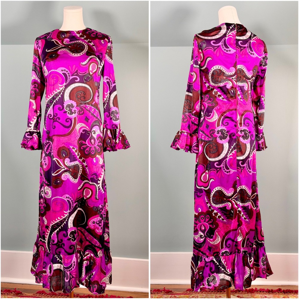 Vintage 1960s Psychedelic Dress Pink Purple 60s Retro Groovy 1970s Size Medium
